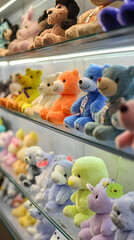 colorful plush toys arranged on shelves, variety of stuffed animals in a playful display