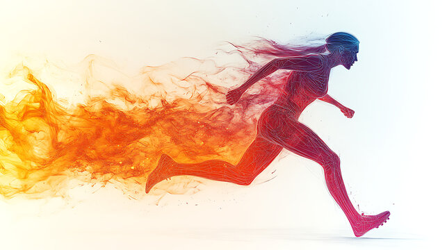 Abstract runner figure with vibrant, fiery trail.