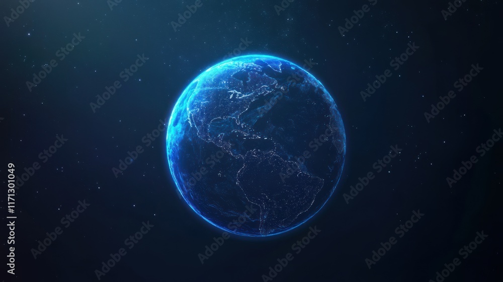 Poster a glowing, digital representation of earth in space, emphasizing global connectivity.