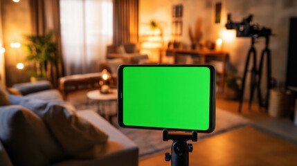 Modern Living Room with Green Screen Smartphone on a Tripod for Directorial Filming in a Cozy, Inviting Space with Soft Lighting and Comfortable Furnishings