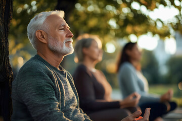 Senior man meditating with friends in a park