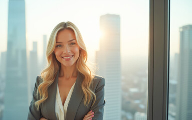 A businesswoman stands near a panoramic window with a view of the city