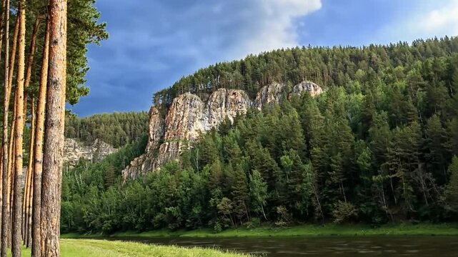 Majestic river flows near pine forest and rocky cliff under cloudy sky