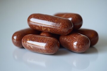 Stack of brown pills, close-up.