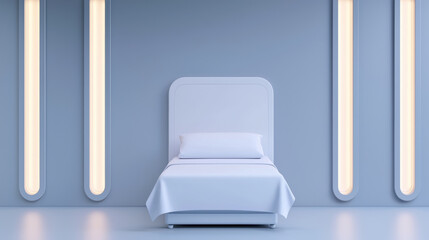 hospital medicine wellness concept. futuristic hospital room with minimalist bed and glowing vertical light panels