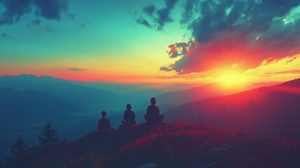 Fototapeta premium Silhouetted figures meditating at sunset atop a mountain, overlooking a vast valley.