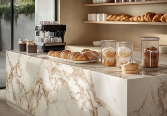 Modern Caf&eacute; Interior with Elegant Marble Countertop Showcasing Delicious Pastries and Coffee Machine in Bright and Inviting Atmosphere