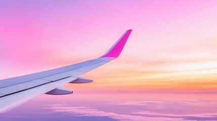 Obraz premium Airplane wing at sunset sky with pink and orange clouds aerial travel view
