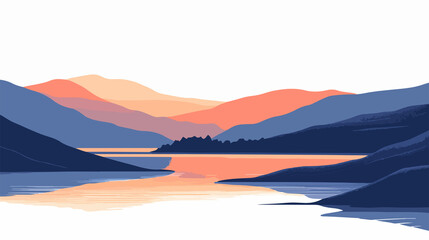 Obraz premium Scenic Morning Camp Landscape: Hills and Lake View Illustration