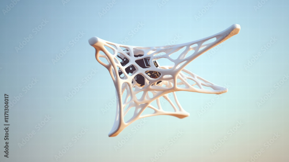 Poster 3d printed drone prototype in flight, showcasing innovative design and technology. unique structure 