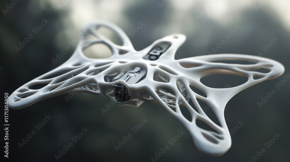 Poster 3d printed drone prototype in flight, showcasing innovative design and technology. intricate structu