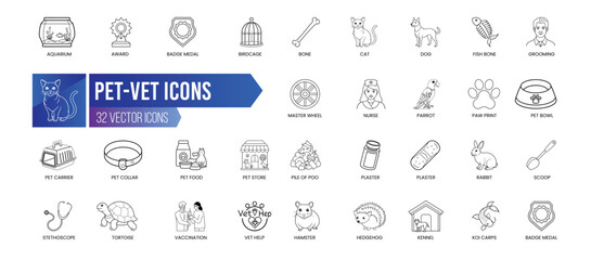 PET-VET - Outline Icon Collection. Thin Line Set contains such Icons as Dog, Rabbit, Bone, Parrot, Pet Collar, Pet Store and more. Simple web icons set.