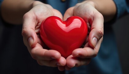 Close-up of a hand gently cradling a vibrant red heart , photography, intense