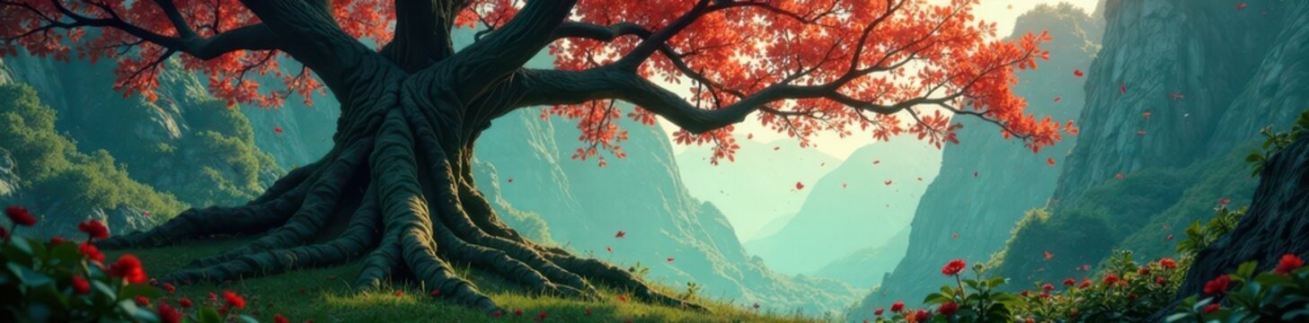 Yggdrasil's withered branches, secret spring below , sun, sacred