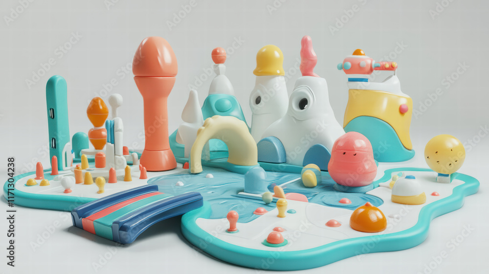 Poster 3d printed educational game for children, featuring colorful shapes and interactive elements. this f