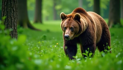 Fototapeta premium Large brown bear foraging in lush green forest, grizzly, nature