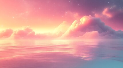 Naklejka premium Dreamy pink sunset over calm ocean, clouds reflecting in water.