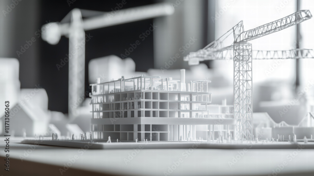 Poster 3d printed model of building under construction with cranes in background, showcasing architectural 