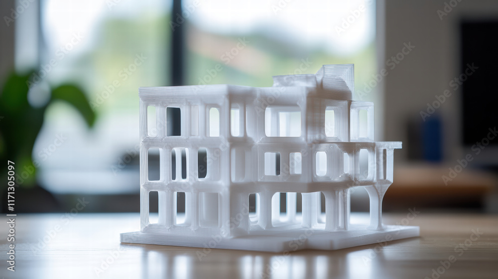 Poster 3d printed model of building under construction, showcasing intricate details and layers. this archi