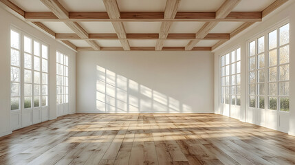 Sunlit empty room with hardwood floors, white walls, and coffered ceiling.