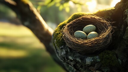 Serene nest with speckled bird eggs on mossy tree branch in sunlit forest