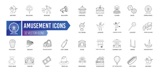 AMUSEMENT - Outline Icon Collection. Thin Line Set contains such Icons as Clown, Popcorn, Ice Cream, Railway, Fireworks, Paper Galland and more. Simple web icons set.