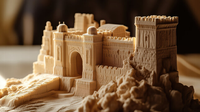 3D printed model of historical castle, showcasing intricate details and textures. structure features towers, arches, and rocky base, highlighting craftsmanship and design