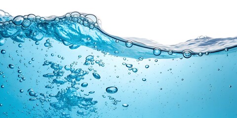 Fresh Blue Water Wave with Bubbles on White Background - Natural Hydration Panorama