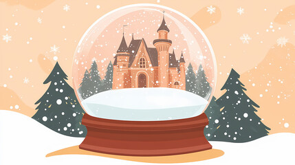 Beautiful snow globe with snowy landscape, winter home castle and trees on a christmas themed background copy space. Snowglobe. Illustration