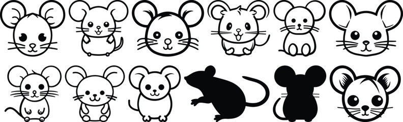 Mouse silhouettes set, rat pack of vector silhouette design, isolated background