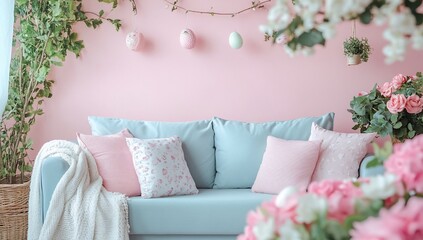 Pink wall, sofa, plants, eggs in room.