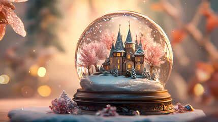 Beautiful snow globe with snowy landscape, winter home castle and trees on a christmas themed background copy space. Snowglobe. Illustration