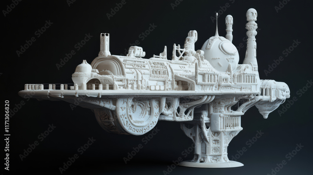 Aufkleber 3d printed model of futuristic space station, showcasing intricate details and imaginative design. t