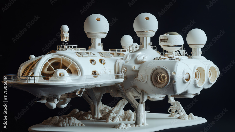 Poster 3d printed model of futuristic space station, featuring intricate details and imaginative design ele