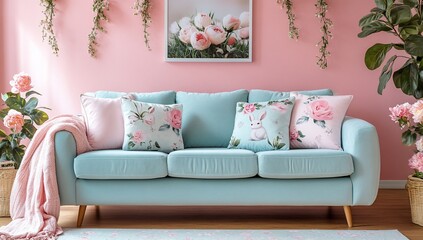 Pink room, blue couch, floral pillows, plant.