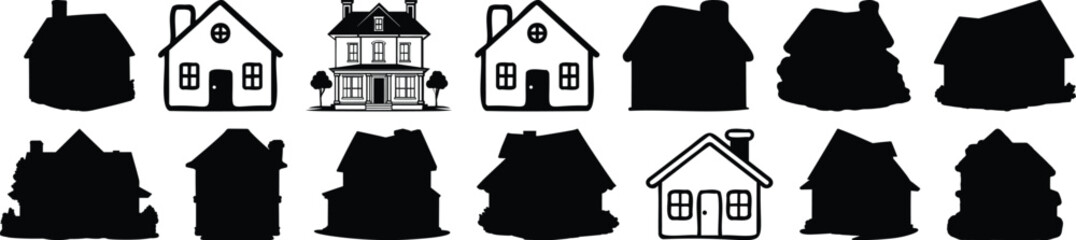 House silhouettes set, home pack of vector silhouette design, isolated background