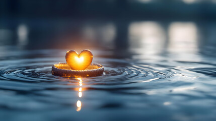 Glowing heart on water, serene nature background, peaceful scene, perfect for love, romance, and hope themed projects