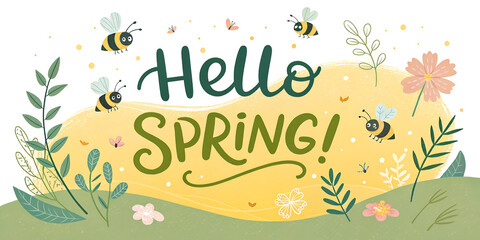 Fototapeta premium Cheerful hello spring design featuring bold script and sunny yellow background for seasonal greeting cards.