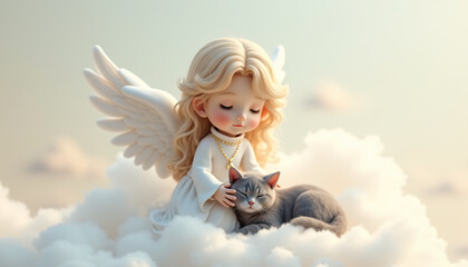 Cute angelic child with fluffy wings gently petting a sleeping cat amid soft clouds