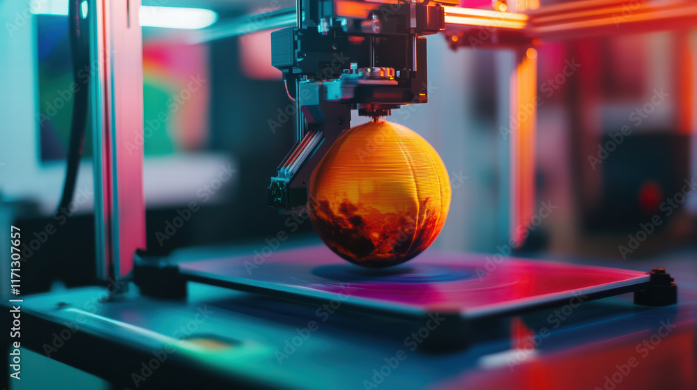 Poster 3d printer creating colorful model of planet, showcasing intricate details and vibrant colors in mod