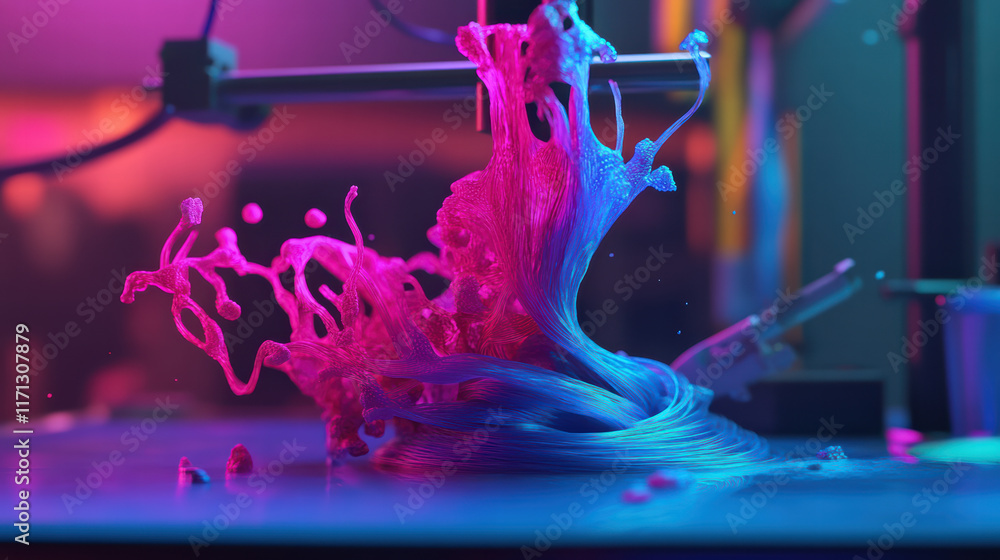 Poster 3d printer creating vibrant, colorful art with flowing filament, showcasing dynamic movement and cre