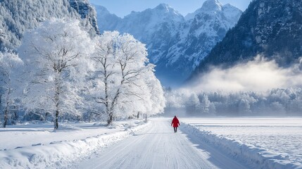 Person in red coat walks snowy road in winter mountain landscape.