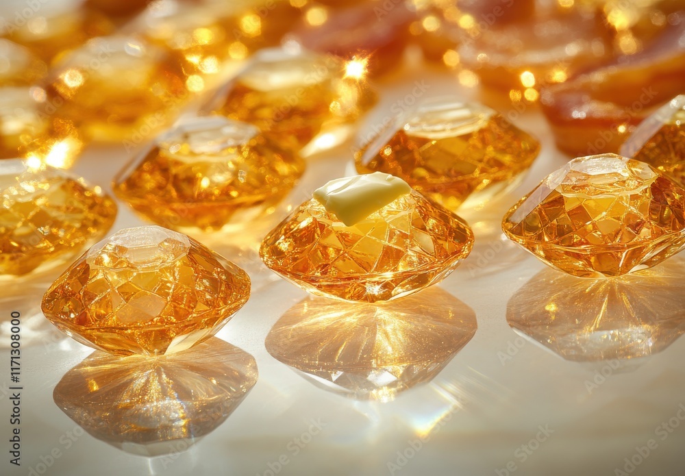 Poster sparkling amber gems on a reflective surface creating a glowing and magnificent display of light and