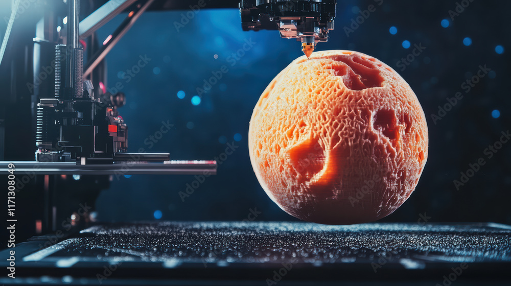 Poster 3d printer creating model of planet, showcasing imaginative design and technology. vibrant colors an