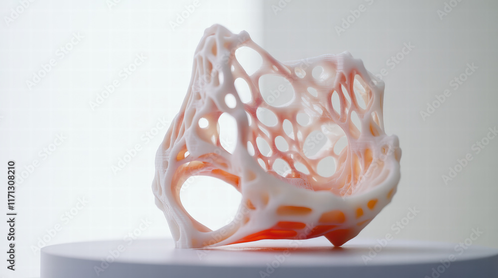 Poster 3d printer creating complex model with intricate designs and textures. vibrant, organic shape showca