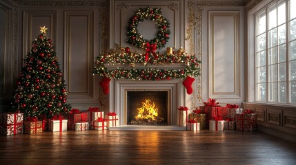 Christmas tree, gifts, fireplace in classic room.
