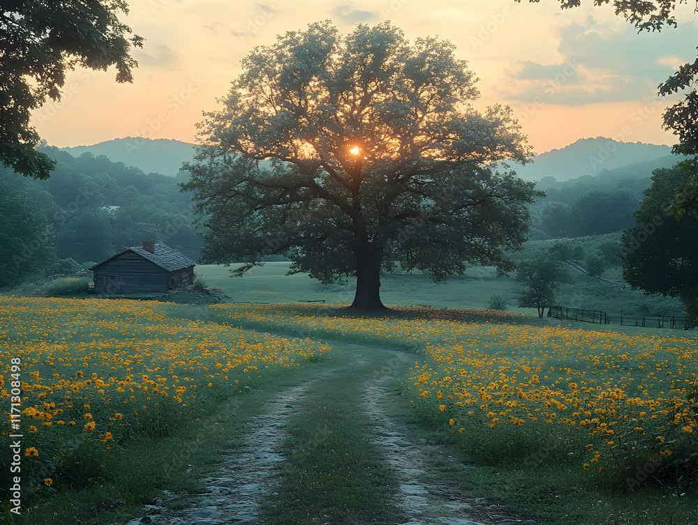 Poster serene sunset view of a rustic cabin nestled in a yellow flower field with a large tree and winding 