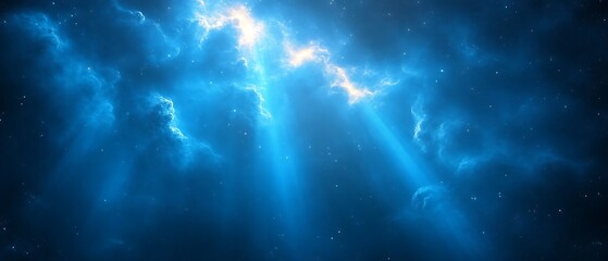 Naklejka premium Bright light shining through dark blue clouds.