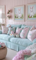 Pastel Easter living room decor with bunny art, light blue sofa, and decorative pillows.