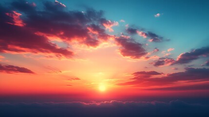 Fototapeta premium Vibrant sunset with fiery clouds and sun above the clouds.